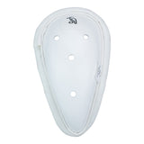 The Kookaburra 1000 Abdo Guard is a white athletic cup with padded edges, ventilation holes, and an ergonomic moulded ABS shell, offering Grade 2 groin protection and enhanced comfort for sports.