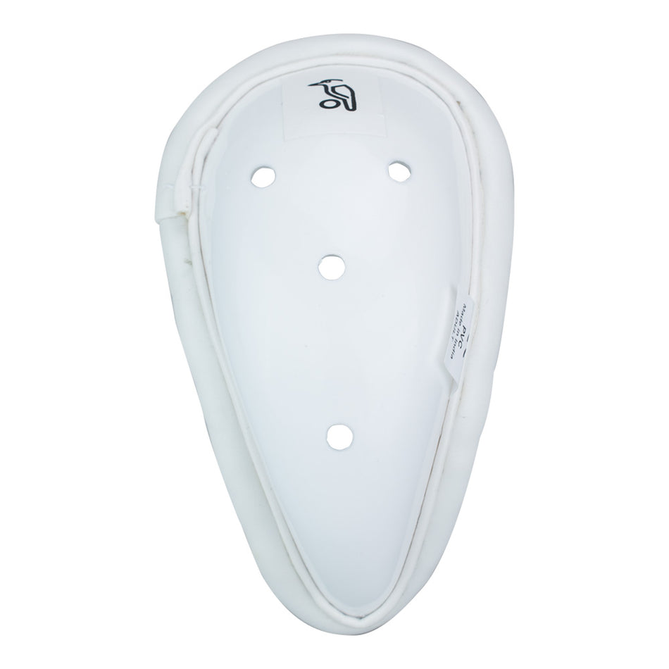 The Kookaburra 1000 Abdo Guard is a white athletic cup with padded edges, ventilation holes, and an ergonomic moulded ABS shell, offering Grade 2 groin protection and enhanced comfort for sports.