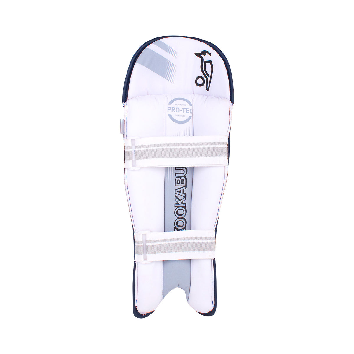 The Kookaburra 4.0 T20 Wicket Keeping Pads are lightweight white pads with two grey adjustable straps, KOOKABURRA branding, and a stylized bird logo, offering padded, curved protection for superior impact resistance during play.