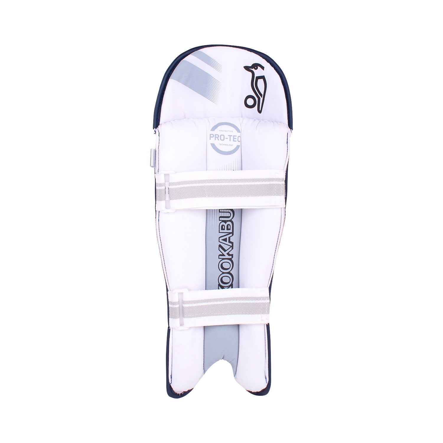 The Kookaburra 4.0 T20 Wicket Keeping Pads are lightweight white pads with two grey adjustable straps, KOOKABURRA branding, and a stylized bird logo, offering padded, curved protection for superior impact resistance during play.