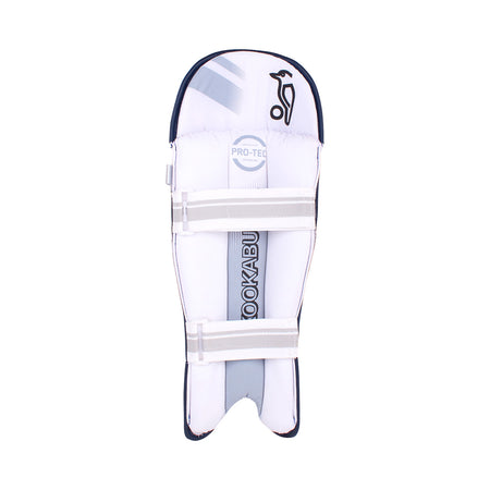 The Kookaburra 4.0 T20 Wicket Keeping Pads are lightweight white pads with two grey adjustable straps, KOOKABURRA branding, and a stylized bird logo, offering padded, curved protection for superior impact resistance during play.