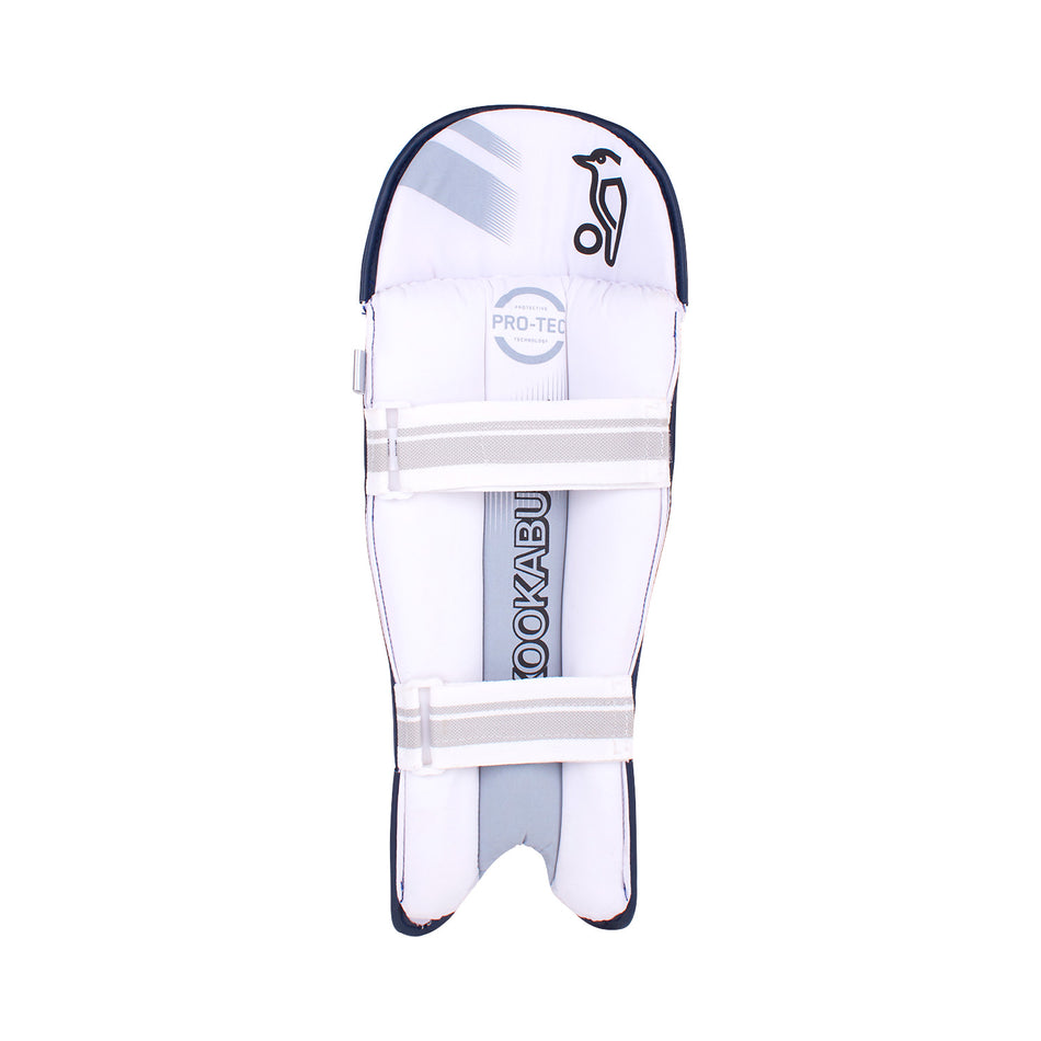 The Kookaburra 4.0 T20 Wicket Keeping Pads are lightweight white pads with two grey adjustable straps, KOOKABURRA branding, and a stylized bird logo, offering padded, curved protection for superior impact resistance during play.