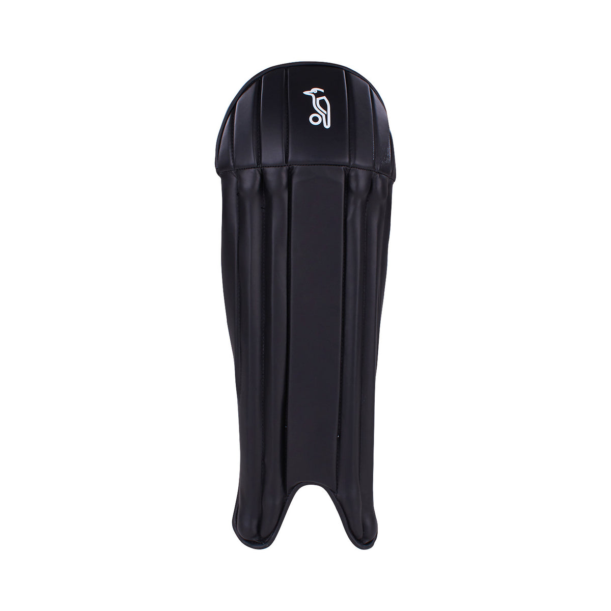 The Kookaburra 4.0 T20 Wicket Keeping Pads by Kookaburra are black thigh guards with vertical padding lines and a white logo, designed for impact protection. These lightweight pads are displayed against a plain white background.