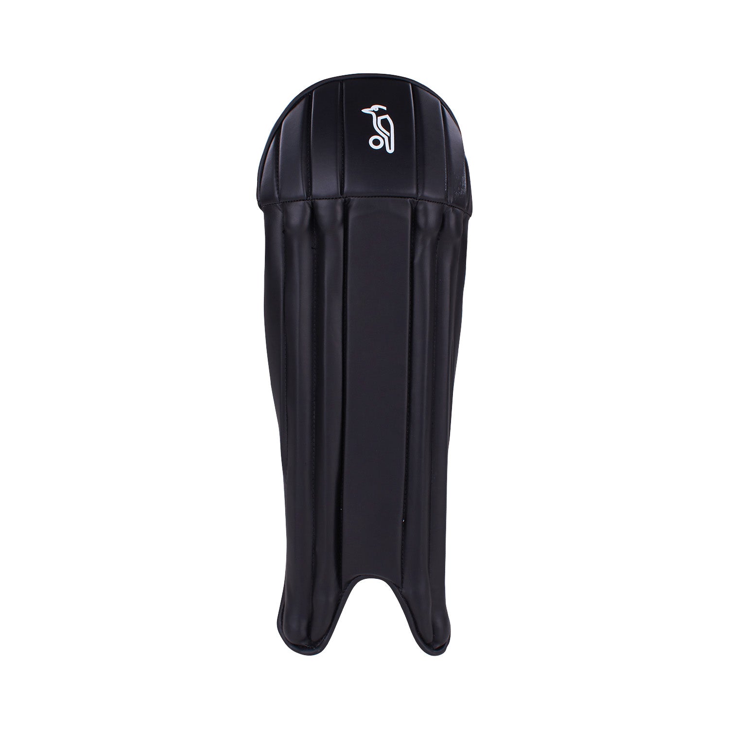 The Kookaburra 4.0 T20 Wicket Keeping Pads by Kookaburra are black thigh guards with vertical padding lines and a white logo, designed for impact protection. These lightweight pads are displayed against a plain white background.