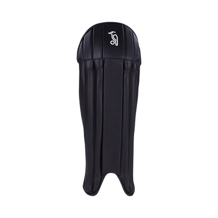 The Kookaburra 4.0 T20 Wicket Keeping Pads by Kookaburra are black thigh guards with vertical padding lines and a white logo, designed for impact protection. These lightweight pads are displayed against a plain white background.