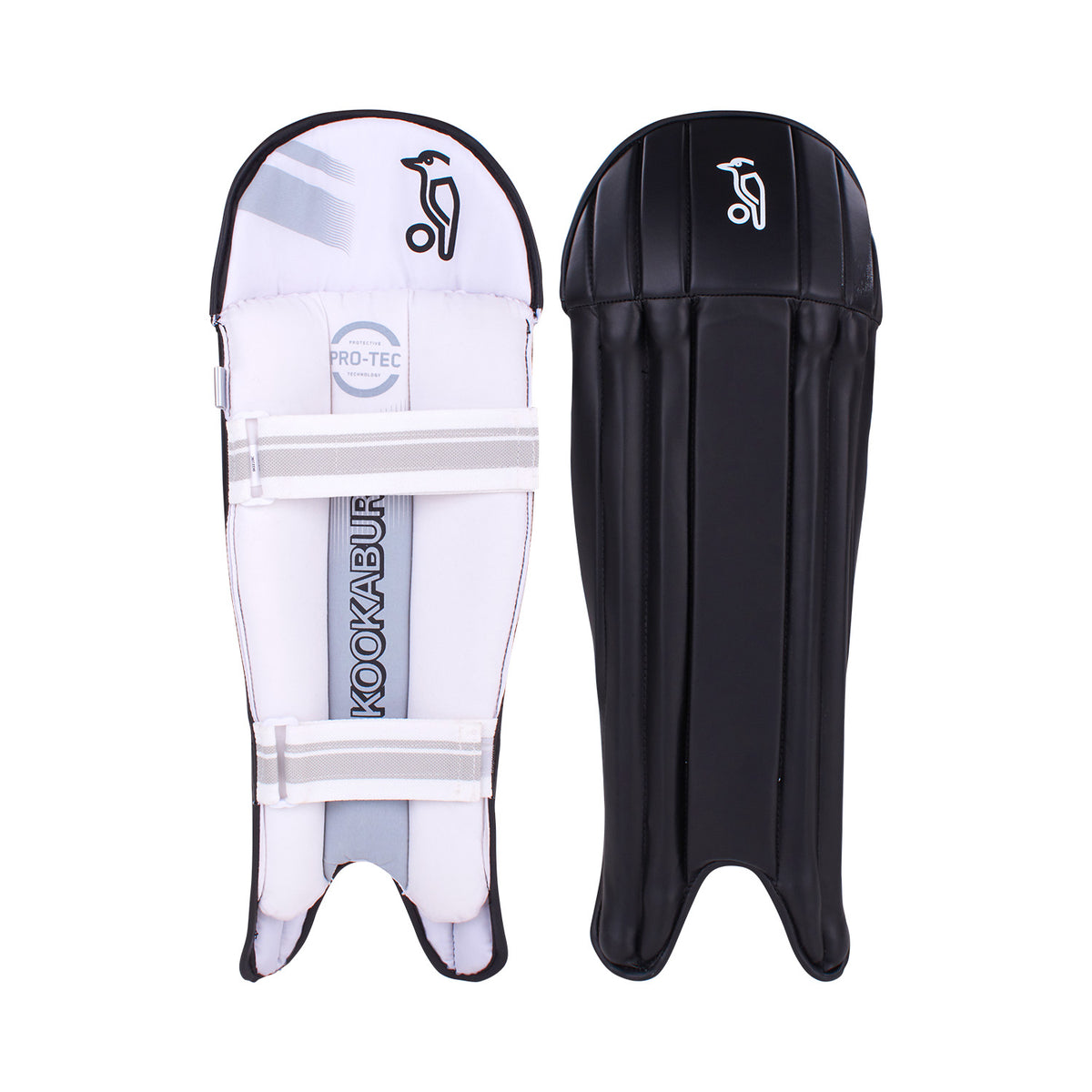 A pair of Kookaburra 4.0 T20 Wicket Keeping Pads in black, featuring a cushioned interior with straps and branding on one pad, and a white logo on the exterior for superior impact protection.
