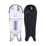 A pair of Kookaburra 4.0 T20 Wicket Keeping Pads in black, featuring a cushioned interior with straps and branding on one pad, and a white logo on the exterior for superior impact protection.