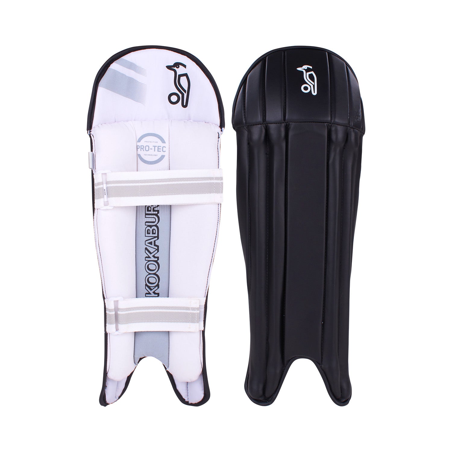 A pair of Kookaburra 4.0 T20 Wicket Keeping Pads in black, featuring a cushioned interior with straps and branding on one pad, and a white logo on the exterior for superior impact protection.