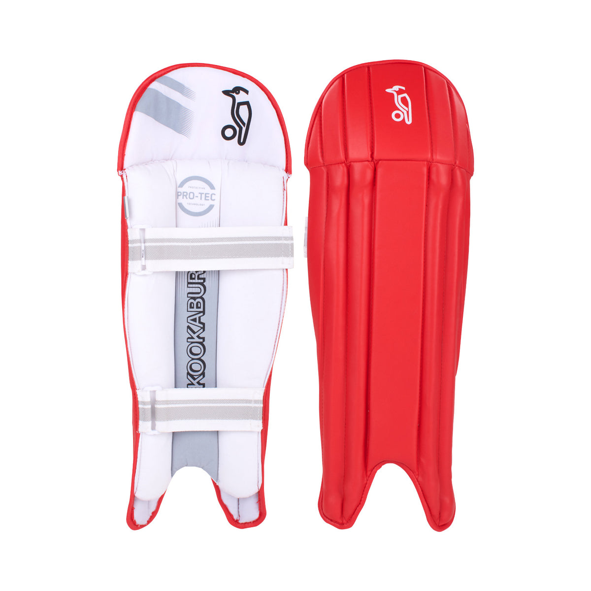 The Kookaburra 4.0 T20 Wicket Keeping Pads are lightweight adult shin guards in red, featuring front and back views, secure fit straps, impact protection, and the Kookaburra logo on both sides.