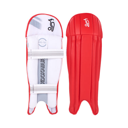 The Kookaburra 4.0 T20 Wicket Keeping Pads are lightweight adult shin guards in red, featuring front and back views, secure fit straps, impact protection, and the Kookaburra logo on both sides.