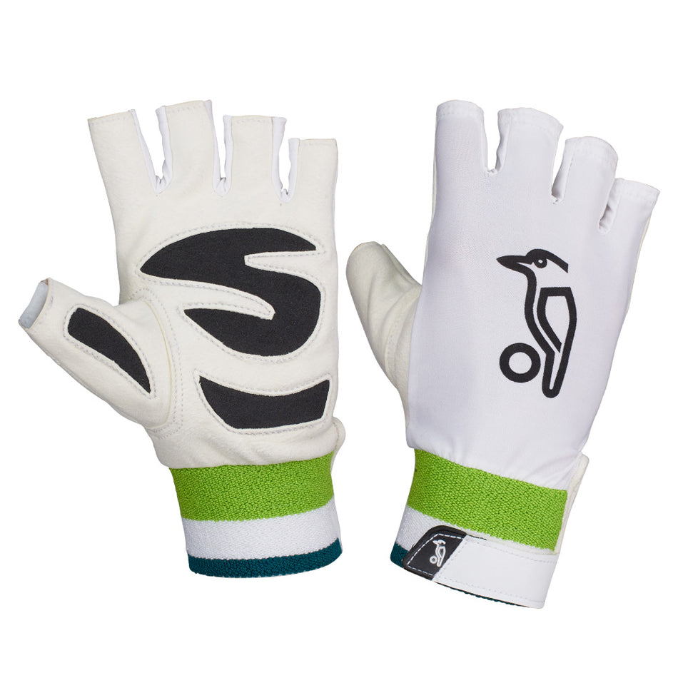 The Kookaburra Ultimate Fingerless Wicket Keeping Inners feature a white design, black grip details, chamois palms for comfort, a bird logo, and green-and-white wristbands. One glove displays the palm side; the other shows the back.