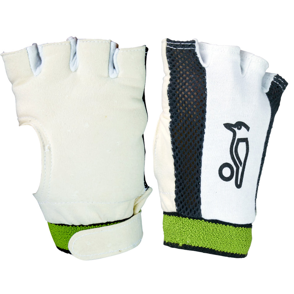 Kookaburra Fingerless Padded WK Inners by Kookaburra feature white padded gloves with black mesh sides, green wristbands, a penguin logo, and memory foam chamois palms for enhanced grip and comfort.