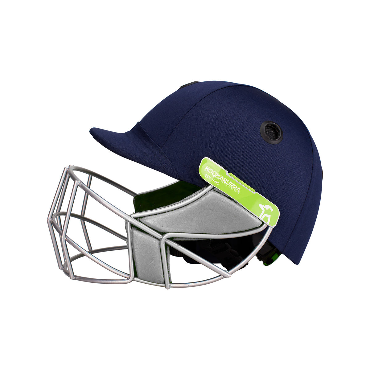 The Kookaburra Pro 1500 Junior Helmet is a navy blue, lightweight cricket helmet with a metallic face guard and a green Kookaburra label on the side.