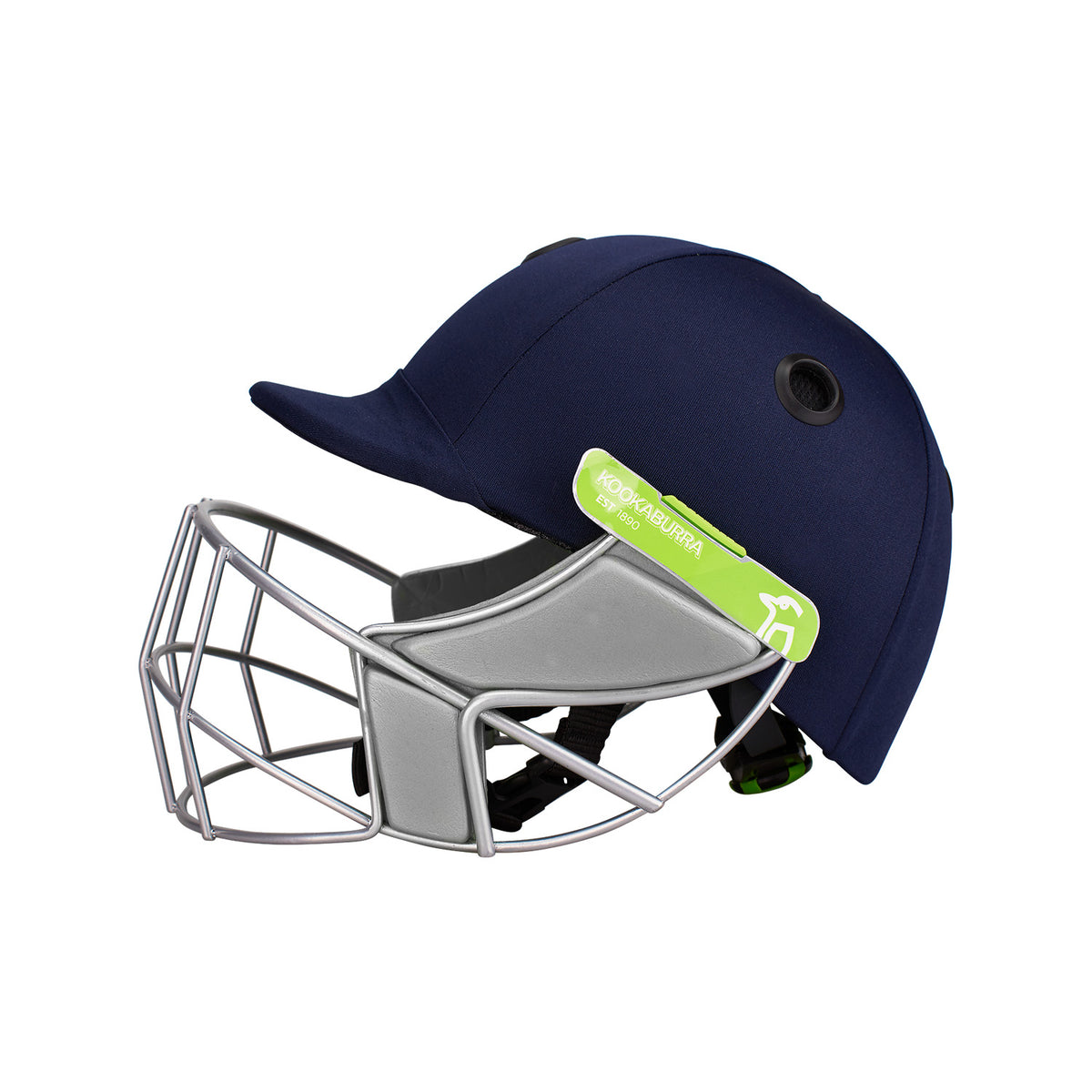 A Kookaburra Pro 1200 Junior Helmet in dark blue, featuring a steel faceguard and a green side label, displayed against a white background.