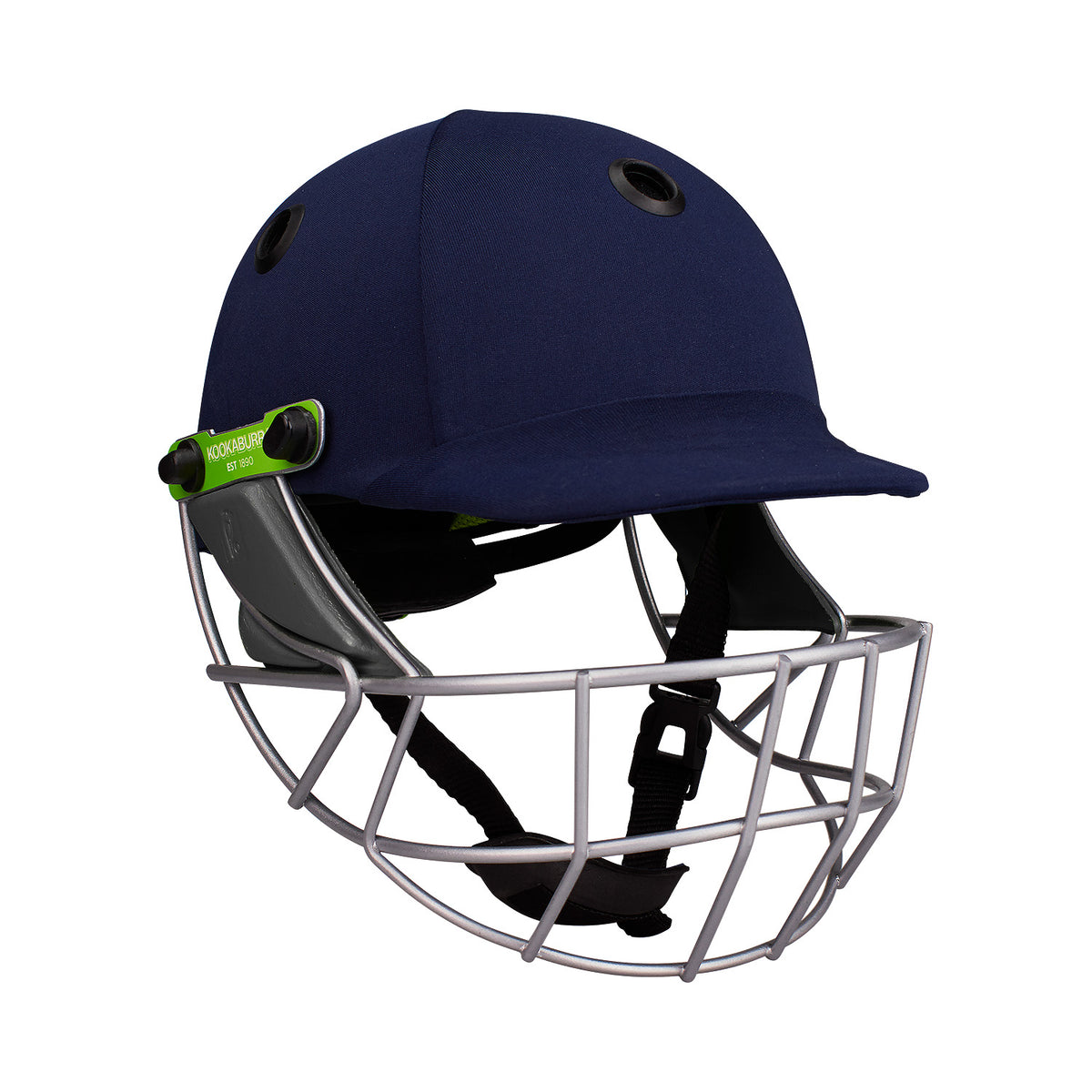 The Kookaburra Pro 600F Cricket Helmet by Kookaburra in navy blue features a metal face guard, lightweight ABS shell, adjustable chin strap, and top ventilation holes, shown from the front.