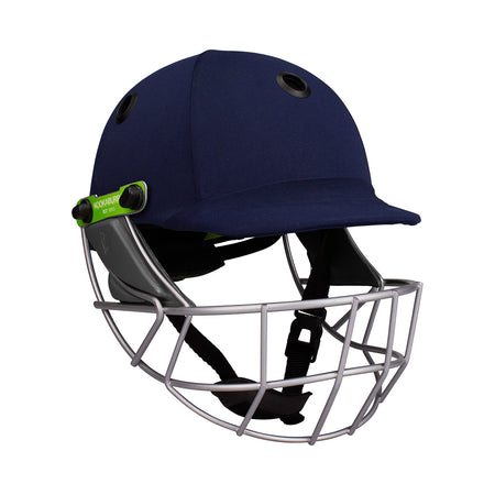 The Kookaburra Pro 600F Cricket Helmet by Kookaburra in navy blue features a metal face guard, lightweight ABS shell, adjustable chin strap, and top ventilation holes, shown from the front.