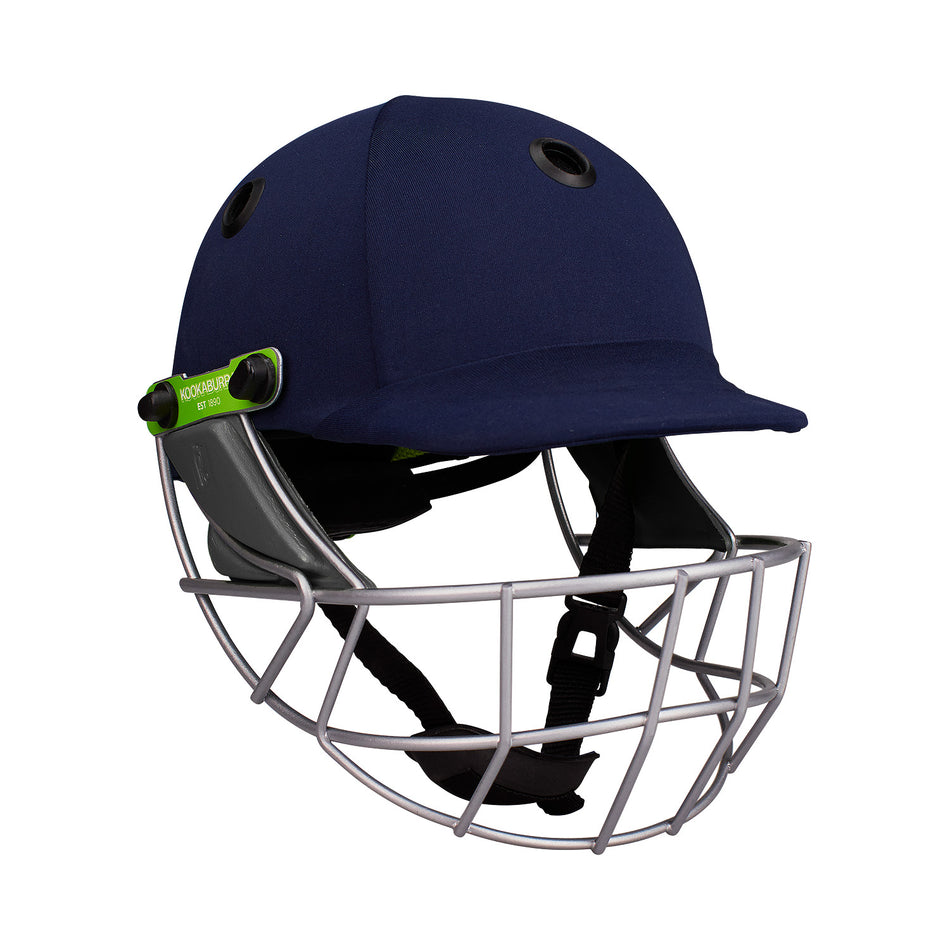The Kookaburra Pro 600F Cricket Helmet by Kookaburra in navy blue features a metal face guard, lightweight ABS shell, adjustable chin strap, and top ventilation holes, shown from the front.