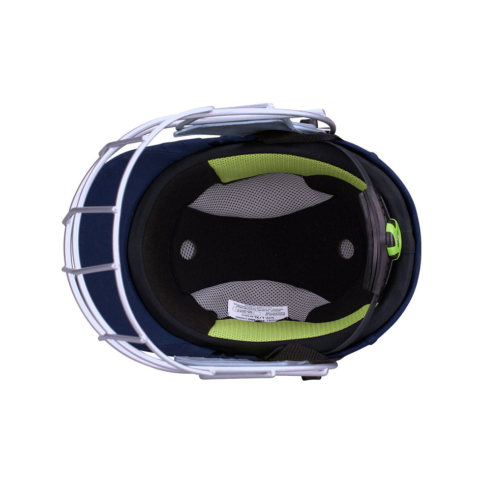 The Kookaburra Pro 600F Cricket Helmet by Kookaburra features lightweight ABS protection, a white metal faceguard, and padded black, green, and gray interior with an adjustable strap.