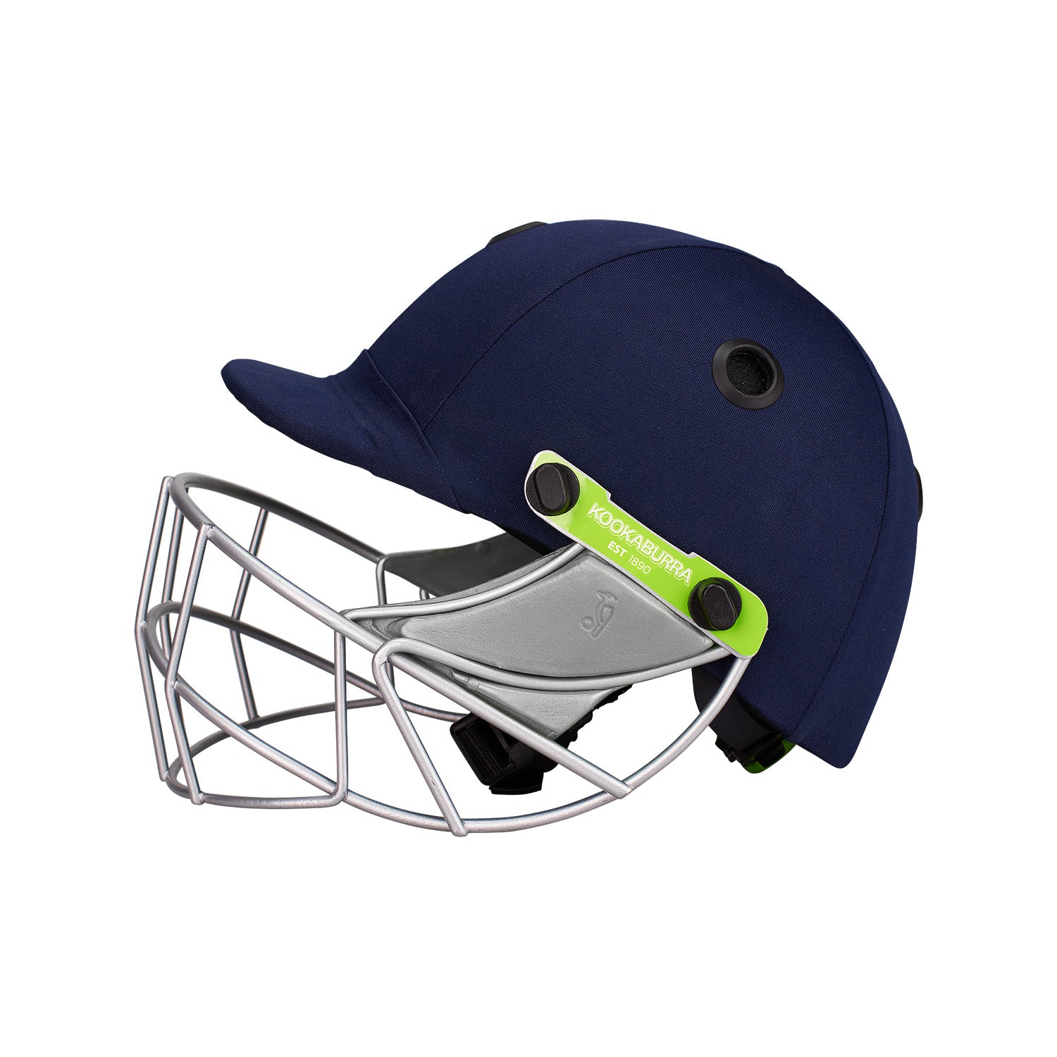 The Kookaburra Pro 600F Cricket Helmet is a navy blue ABS helmet with a metal face guard and lime green Kookaburra branding, shown on a white background—ideal for players seeking trusted protection.