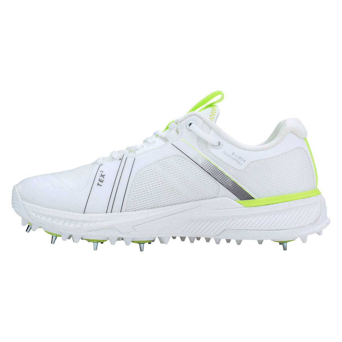The Kookaburra KC Players Spike by Kookaburra is a white athletic shoe with neon yellow accents, mesh panels, metal sole spikes, and a breathable lightweight insole—ideal for sports running and track events.