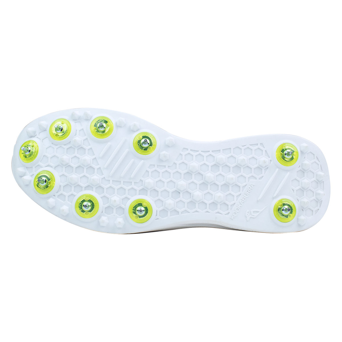 The Kookaburra KC Players Spike by Kookaburra features a white sole with a honeycomb pattern, nine evenly spaced yellow cricket spikes around the edge, and a breathable lightweight insole, shown from the bottom view.