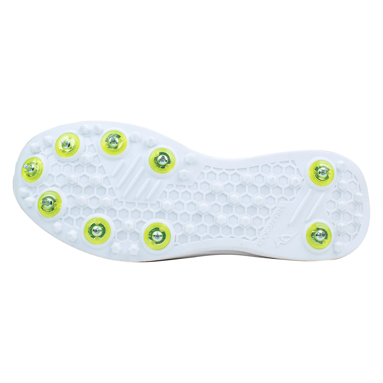The Kookaburra KC Players Spike by Kookaburra features a white sole with a honeycomb pattern, nine evenly spaced yellow cricket spikes around the edge, and a breathable lightweight insole, shown from the bottom view.