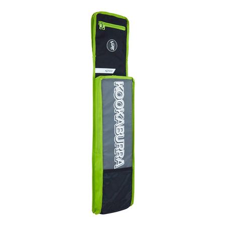 The Kookaburra KD 100 Duffle is a green and black cricket bat cover featuring bold white KOOKABURRA branding, a rectangular zippered compartment at the top, an inner flap logo, and a pocket for batting gloves.