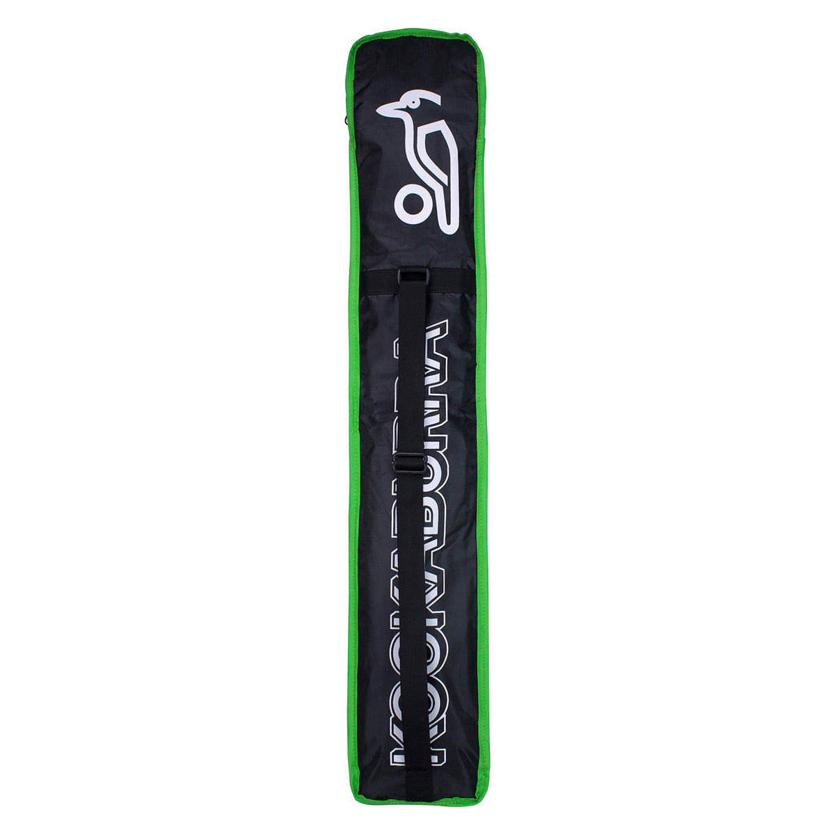 The Kookaburra Pro 1.1 Bat Cover by Kookaburra is a black and green rectangular sports bag with a shoulder strap, white logo and text, offering full-length cricket bat protection and a secure hook and loop closure for convenience.