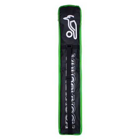 The Kookaburra Pro 1.1 Bat Cover by Kookaburra is a black and green rectangular sports bag with a shoulder strap, white logo and text, offering full-length cricket bat protection and a secure hook and loop closure for convenience.