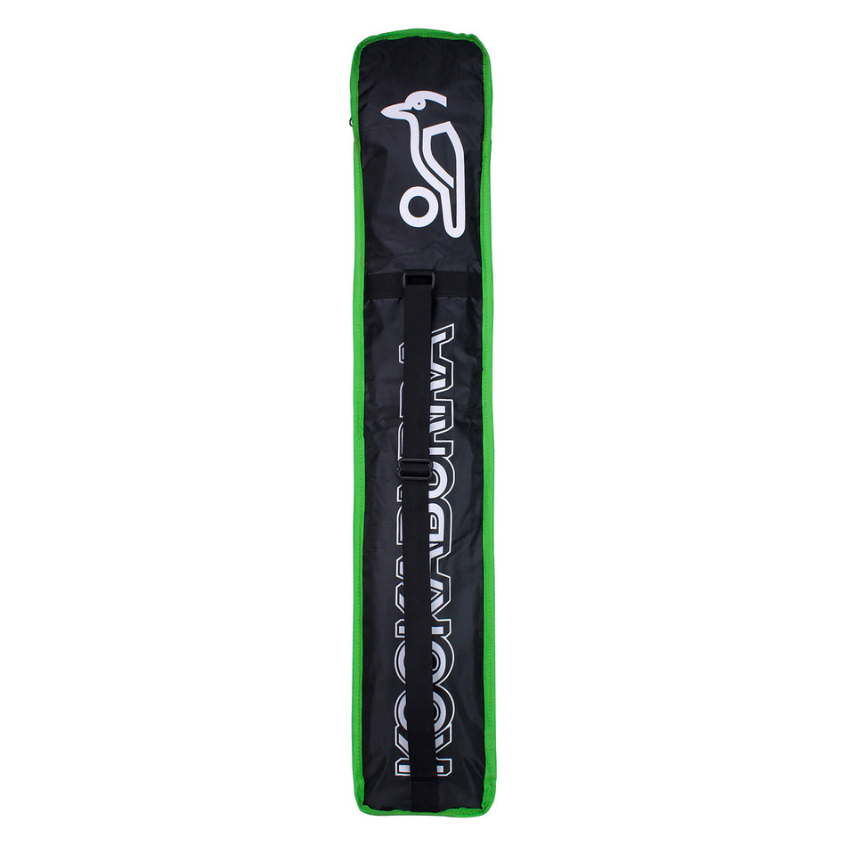 The Kookaburra Pro 1.1 Bat Cover by Kookaburra is a black and green rectangular sports bag with a shoulder strap, white logo and text, offering full-length cricket bat protection and a secure hook and loop closure for convenience.