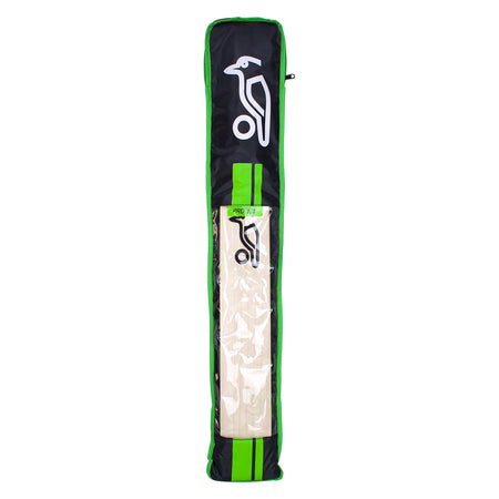 The Kookaburra Pro 1.1 Bat Cover is a black and green case with full-length protection, a transparent front panel, and features the white Kookaburra bird logo on both the bat and the case.