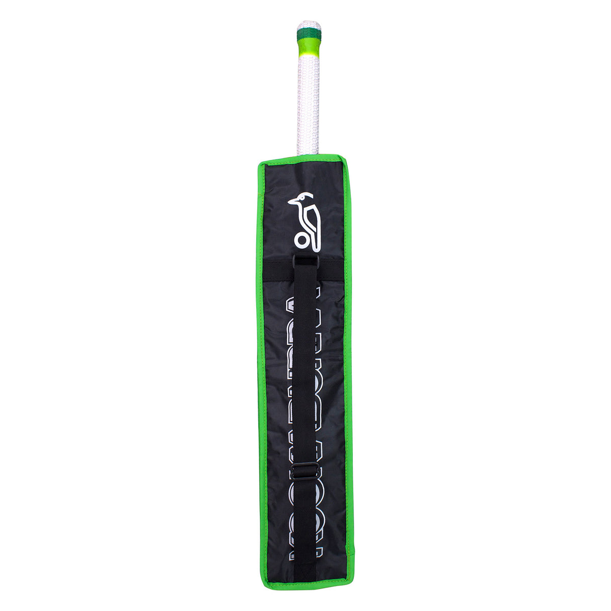 The Kookaburra Pro 3.1 Half Bat Cover by Kookaburra features a black and green 600d braided finish, white logo and lettering on the front, and fits bats with a white grip.