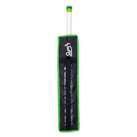 The Kookaburra Pro 3.1 Half Bat Cover by Kookaburra features a black and green 600d braided finish, white logo and lettering on the front, and fits bats with a white grip.