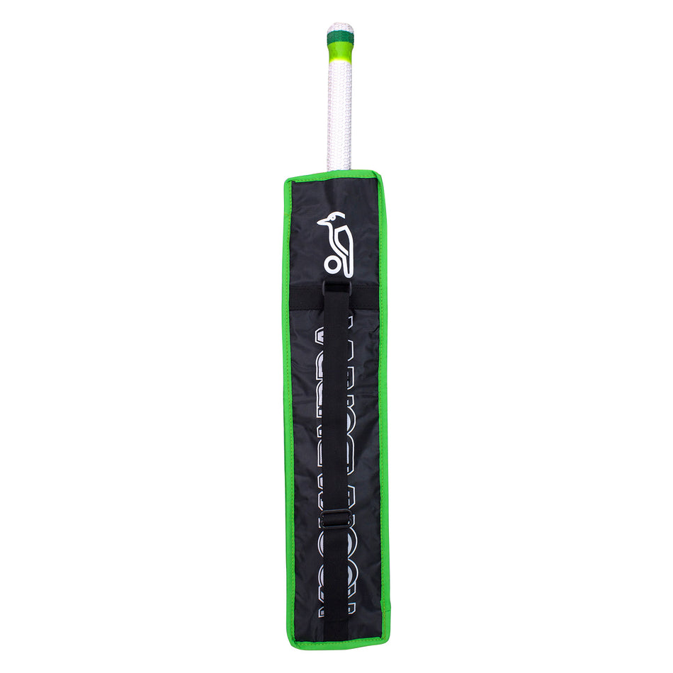 The Kookaburra Pro 3.1 Half Bat Cover by Kookaburra features a black and green 600d braided finish, white logo and lettering on the front, and fits bats with a white grip.