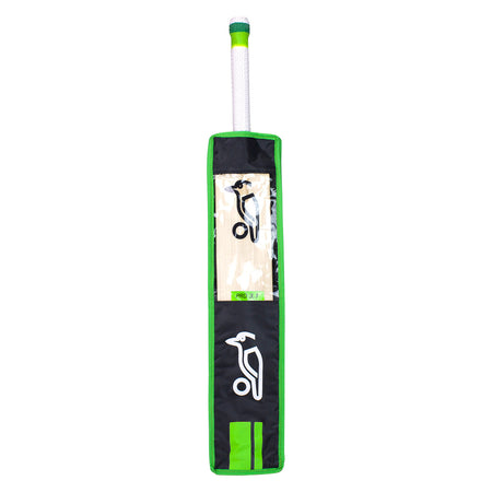 A cricket bat in a Kookaburra Pro 3.1 Half Bat Cover—a black and green 600d case with transparent window and strap—features the Kookaburra bird logo on both the bat and the branded cover.