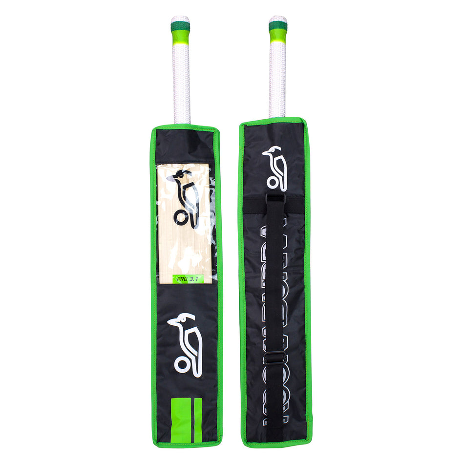 Two Kookaburra cricket bats in Pro 3.1 Half Bat Covers, black and green 600d with white handles, display the Kookaburra logo; one case has a clear window. Both covers include carry straps and are shown side by side against a white background.
