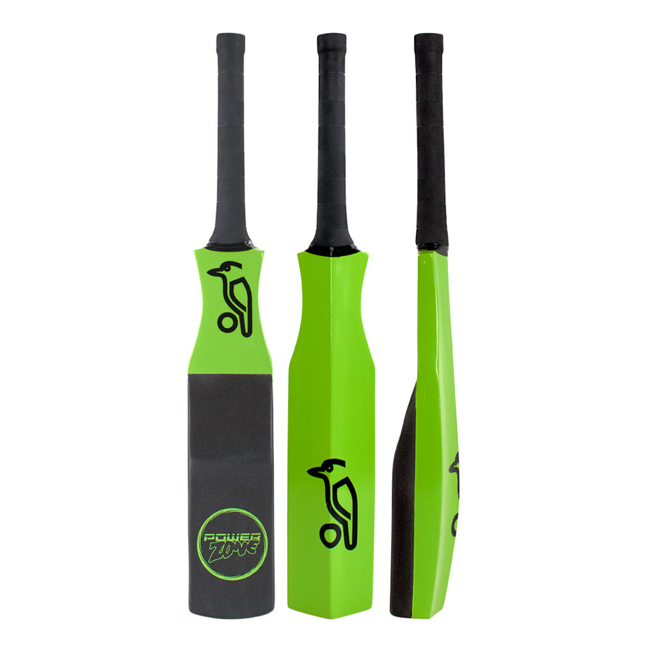 Three views of the Kookaburra Premium Fielding Practice Bat by Kookaburra, shown in green with black grips and logo. Features angular edges and a bird graphic on the front—designed for specialist fielding practice.