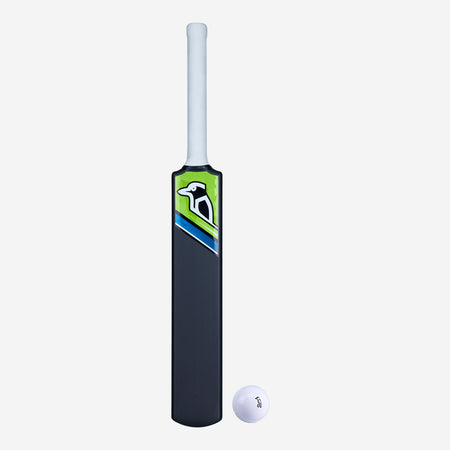 The Kookaburra Blast Bat & Ball Set by Kookaburra features a black and green bat with a white handle, standing upright beside a small cricket ball on a plain white background—ideal for those seeking impact resistant cricket sets.