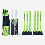 The Kookaburra Blast Plus Cricket Set by Kookaburra includes two bats, a white ball, a lime green and black bag, plus two sets of three lime green stumps with black bases, displayed on a white background.