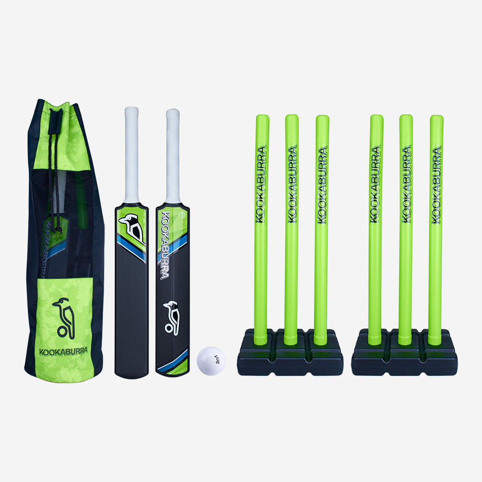 The Kookaburra Blast Plus Cricket Set by Kookaburra includes two bats, a white ball, a lime green and black bag, plus two sets of three lime green stumps with black bases, displayed on a white background.