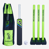 The Kookaburra Blast Cricket Set for beginners includes an impact-resistant bat with a white handle, a white ball, three green stumps on a black base, and a green and black bag—all featuring the Kookaburra brand.