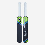 Two impact-resistant Kookaburra Blast Cricket Bats with white handles, black faces, and green, blue, and white accents are shown side by side. Each bat features the Kookaburra name and bird logo—ideal for professional cricket sets.