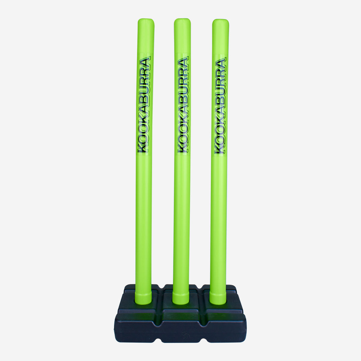 The Kookaburra Blast Stumps & Base Set features three bright green Kookaburra-branded stumps in a sturdy black base, ideal for soft ball cricket on any surface.
