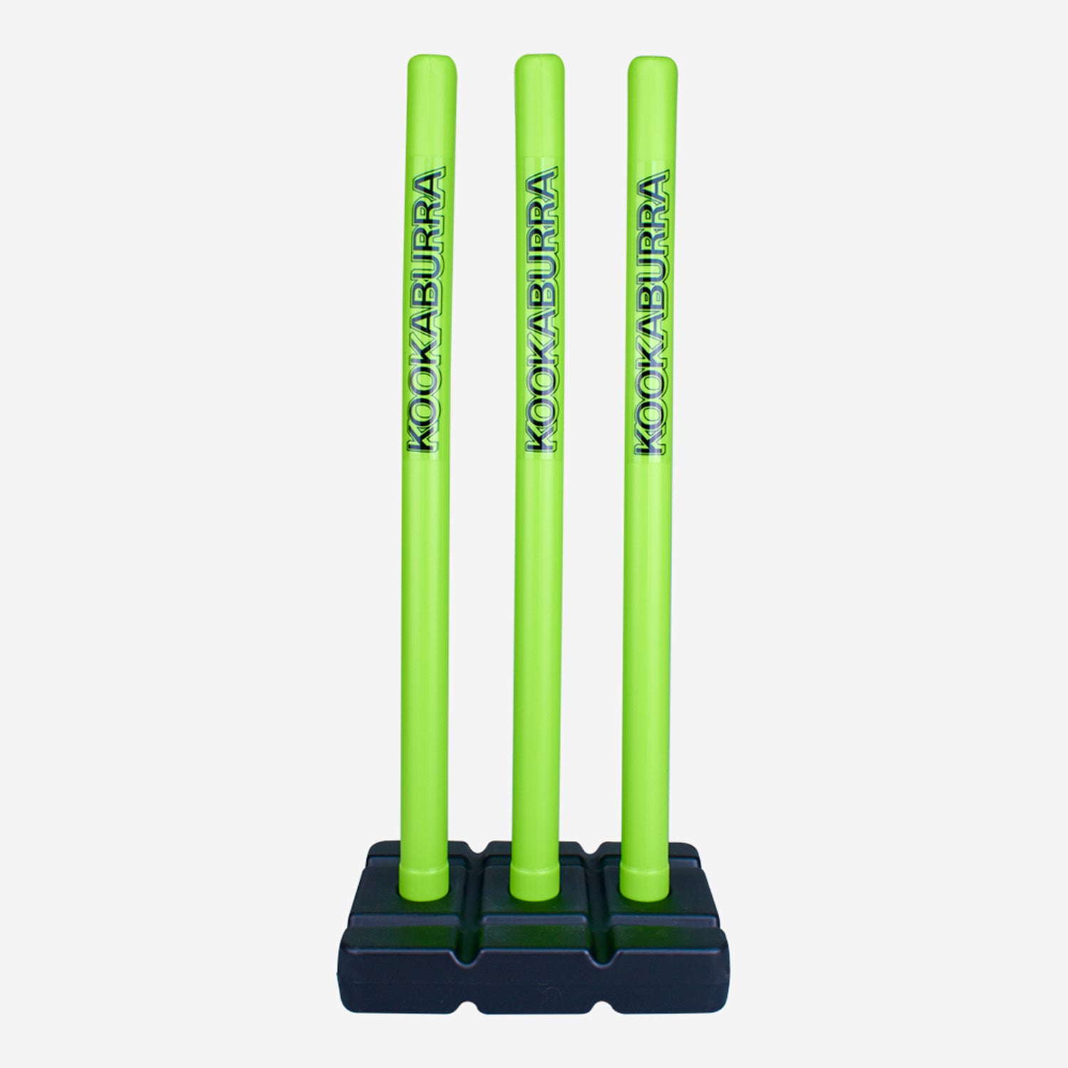The Kookaburra Blast Stumps & Base Set features three bright green Kookaburra-branded stumps in a sturdy black base, ideal for soft ball cricket on any surface.