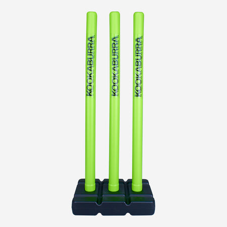 The Kookaburra Blast Stumps & Base Set features three bright green Kookaburra-branded stumps in a sturdy black base, ideal for soft ball cricket on any surface.