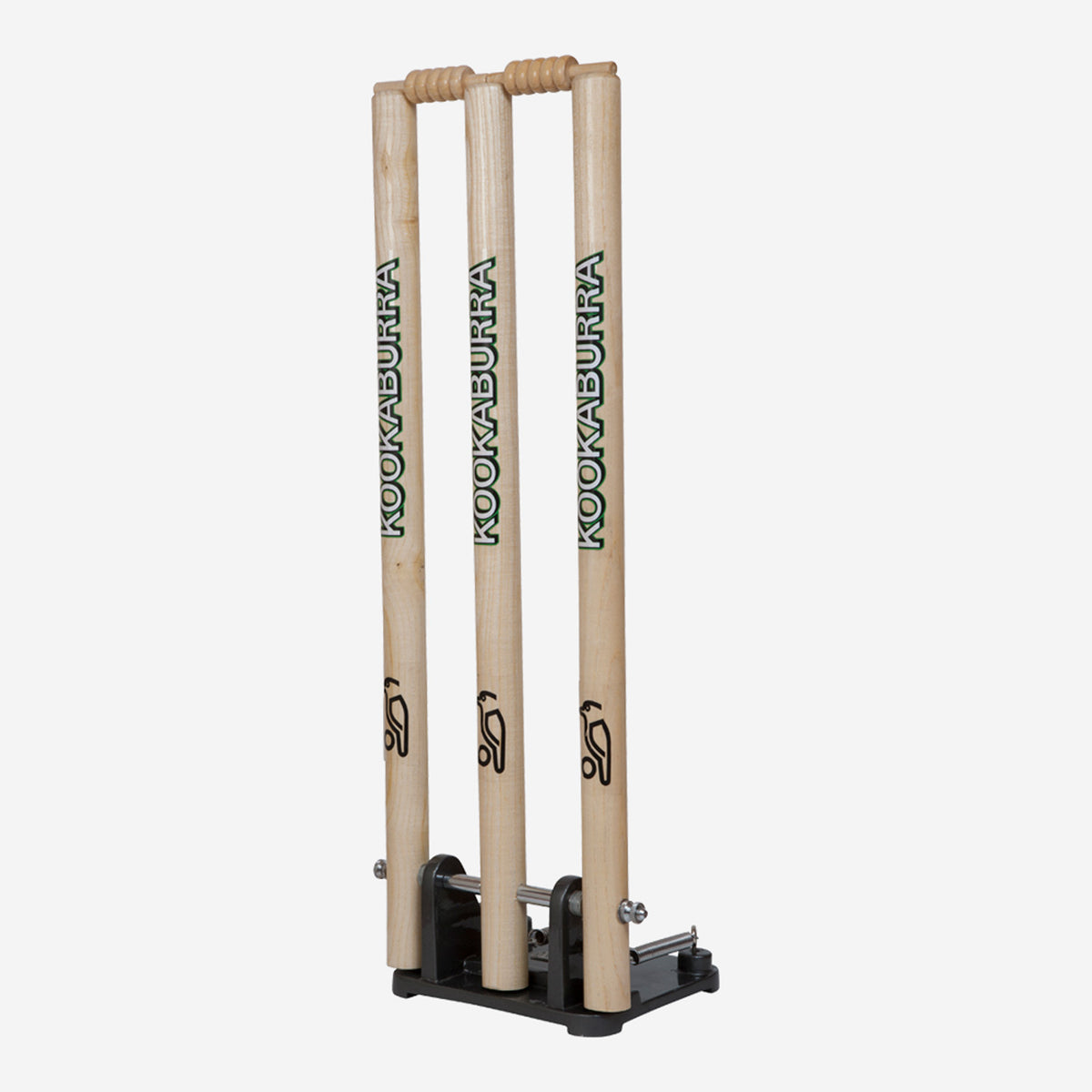 The Kookaburra Spring Return Stumps by Kookaburra feature three upright wooden stumps on a black base, perfect for cricket training and practice sessions.