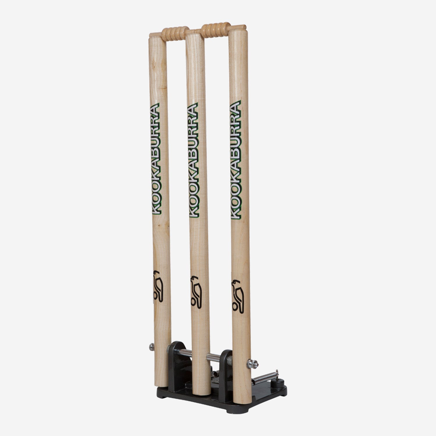 The Kookaburra Spring Return Stumps by Kookaburra feature three upright wooden stumps on a black base, perfect for cricket training and practice sessions.