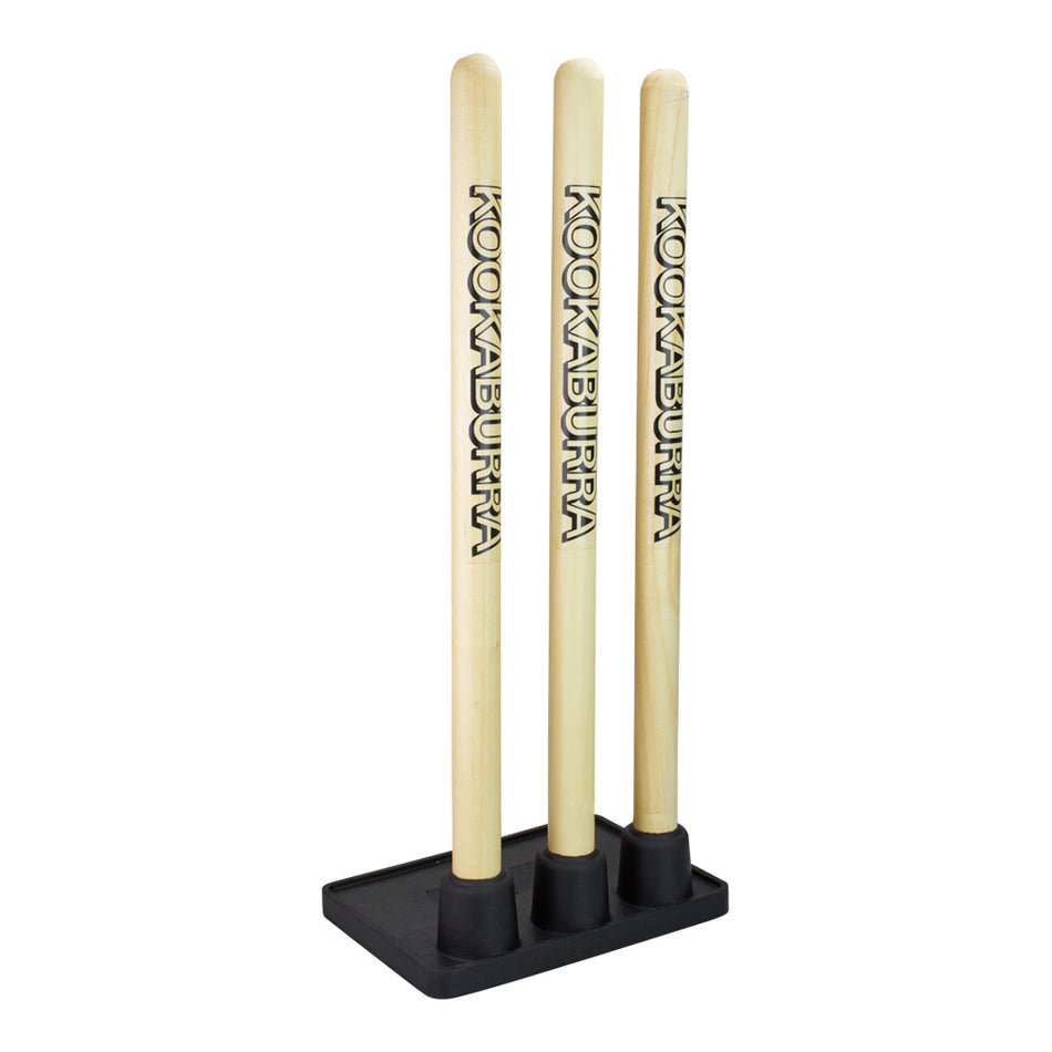 Kookaburra Wooden Practice Stumps feature three upright wooden stumps with the Kookaburra brand on a black base, ideal for practice or as a replacement stump set.