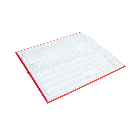 The Kookaburra Wirebound 100 Innings Scorebook by Kookaburra features blank columns and rows on white paper for recording scores and data.