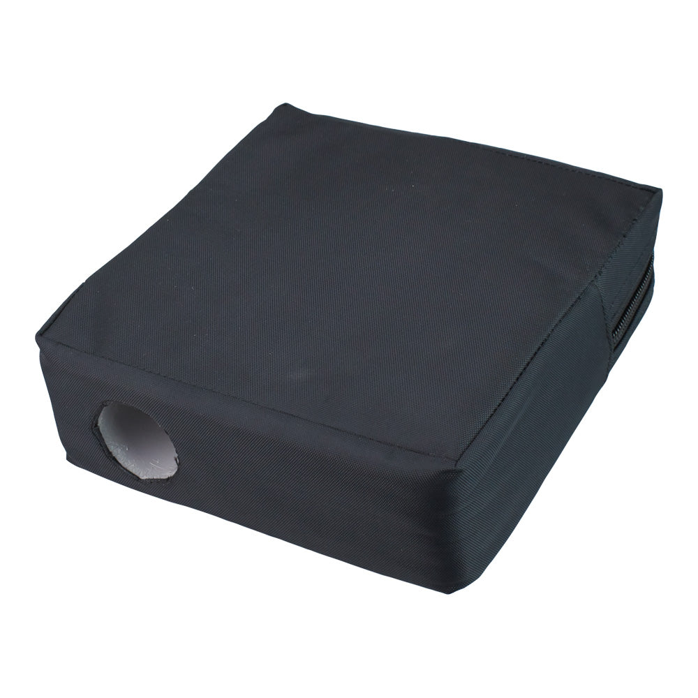 The Kookaburra Bowling Practice Target is a square black fabric cushion with a circular hole on one side, designed by Kookaburra for precise bowling practice.